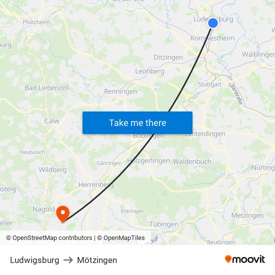 Ludwigsburg to Mötzingen map