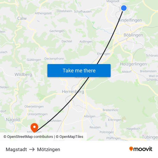 Magstadt to Mötzingen map