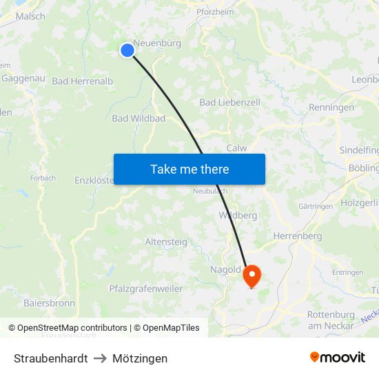 Straubenhardt to Mötzingen map