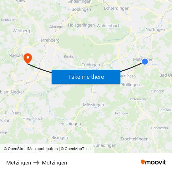 Metzingen to Mötzingen map