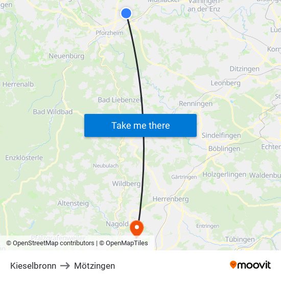 Kieselbronn to Mötzingen map