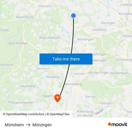 Mönsheim to Mötzingen map