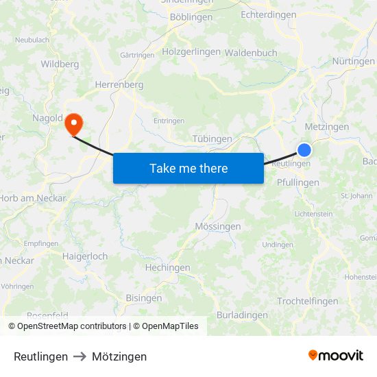 Reutlingen to Mötzingen map
