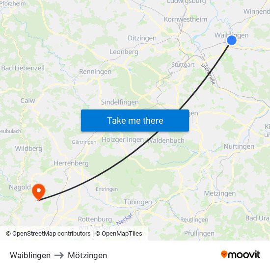 Waiblingen to Mötzingen map