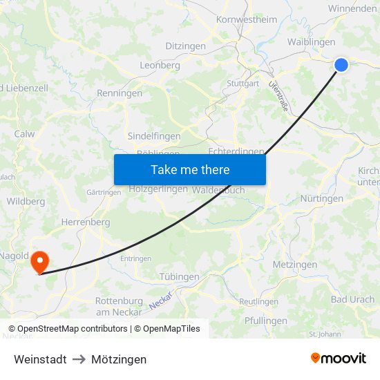 Weinstadt to Mötzingen map