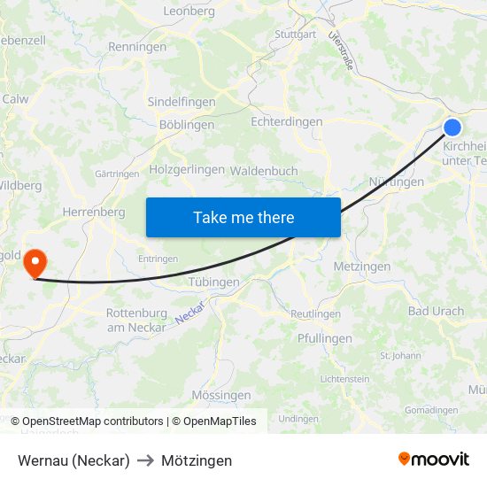 Wernau (Neckar) to Mötzingen map