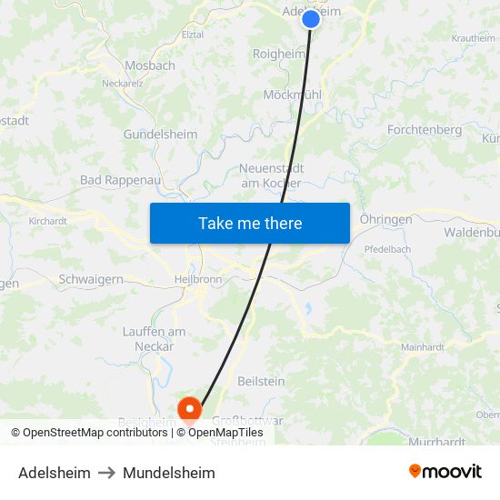 Adelsheim to Mundelsheim map