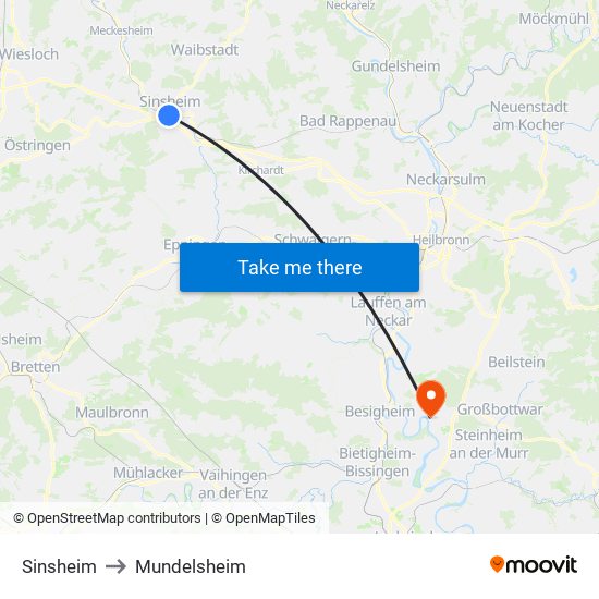 Sinsheim to Mundelsheim map