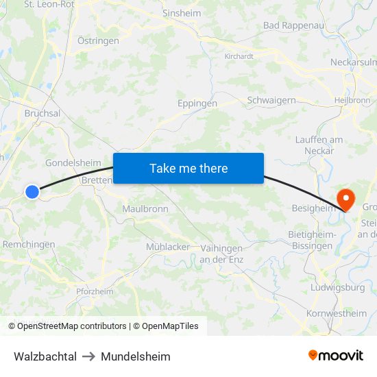 Walzbachtal to Mundelsheim map