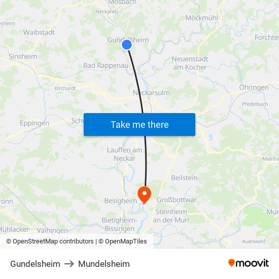 Gundelsheim to Mundelsheim map