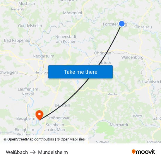 Weißbach to Mundelsheim map