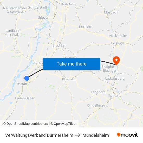 Verwaltungsverband Durmersheim to Mundelsheim map