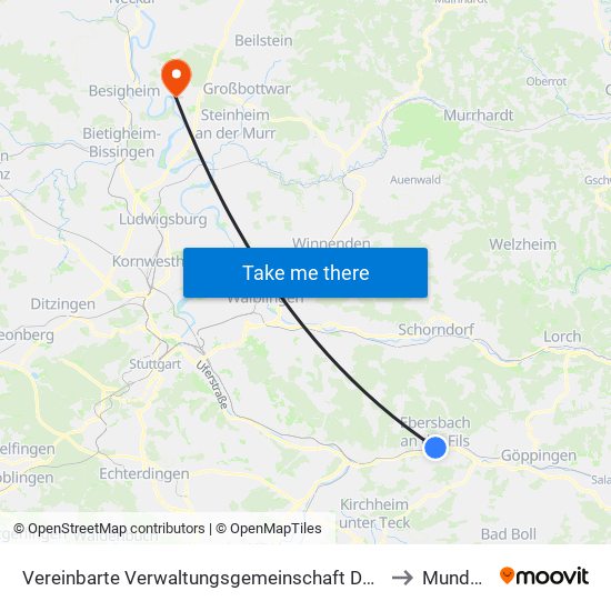 Vereinbarte Verwaltungsgemeinschaft Der Stadt Ebersbach An Der Fils to Mundelsheim map