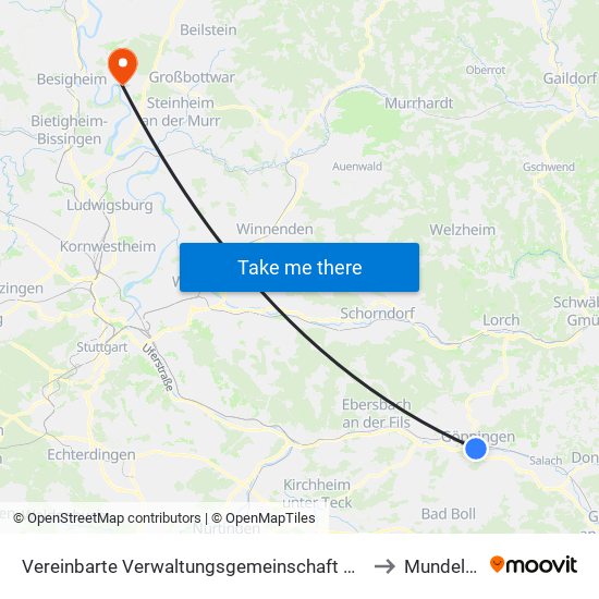 Vereinbarte Verwaltungsgemeinschaft Der Stadt Göppingen to Mundelsheim map