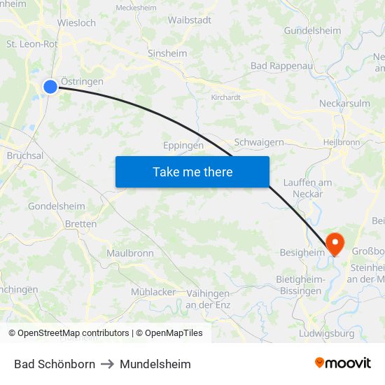 Bad Schönborn to Mundelsheim map