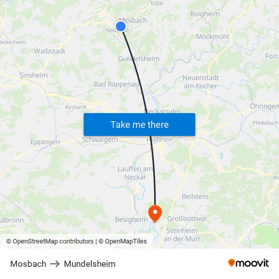 Mosbach to Mundelsheim map