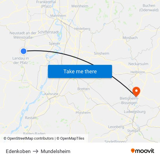 Edenkoben to Mundelsheim map