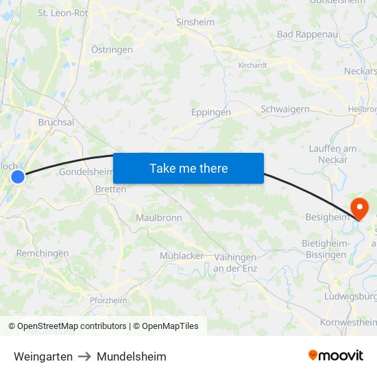 Weingarten to Mundelsheim map