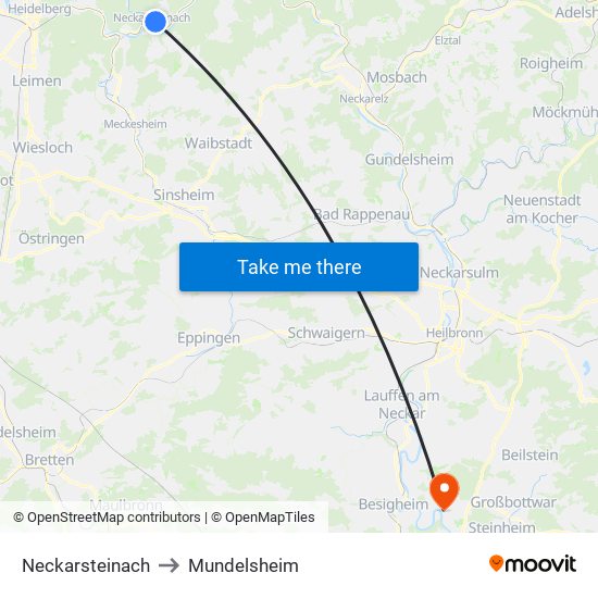 Neckarsteinach to Mundelsheim map