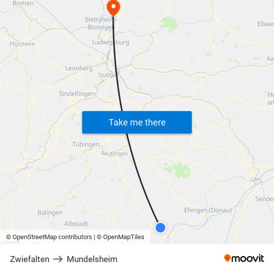 Zwiefalten to Mundelsheim map