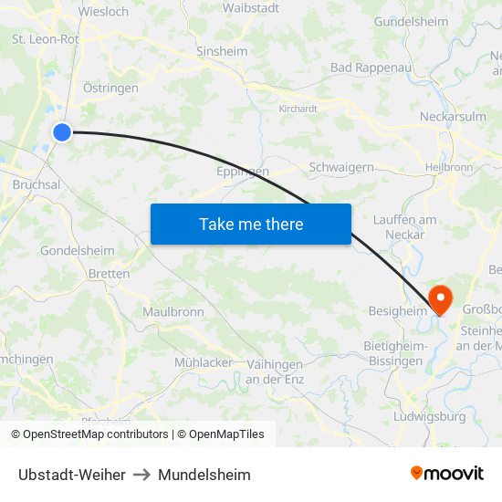 Ubstadt-Weiher to Mundelsheim map