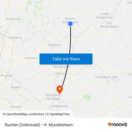 Buchen (Odenwald) to Mundelsheim map