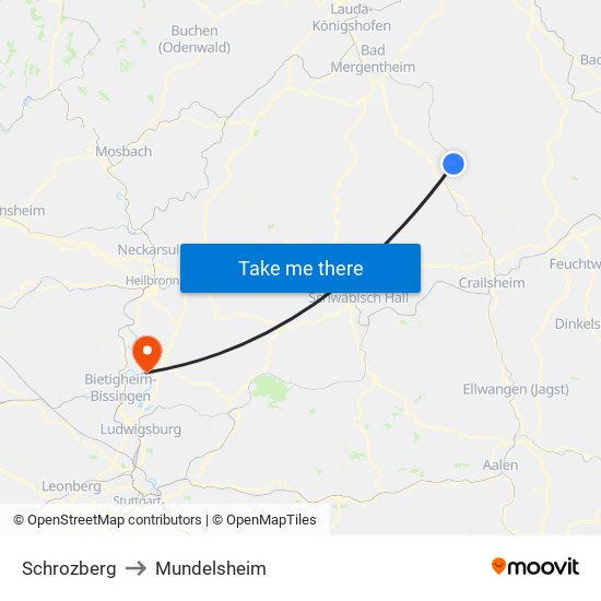 Schrozberg to Mundelsheim map