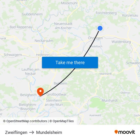 Zweiflingen to Mundelsheim map