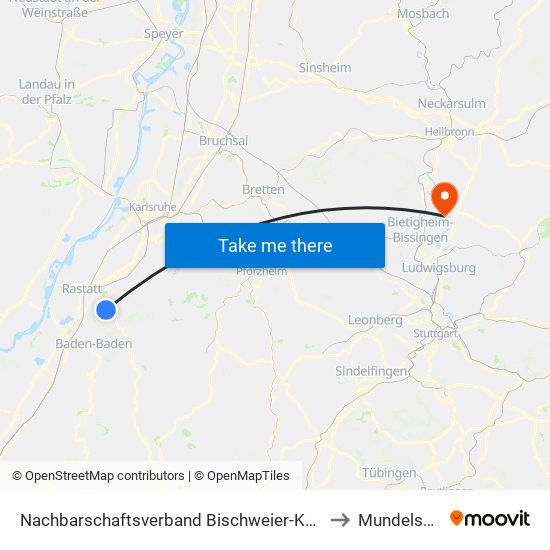 Nachbarschaftsverband Bischweier-Kuppenheim to Mundelsheim map