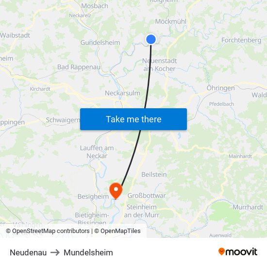 Neudenau to Mundelsheim map