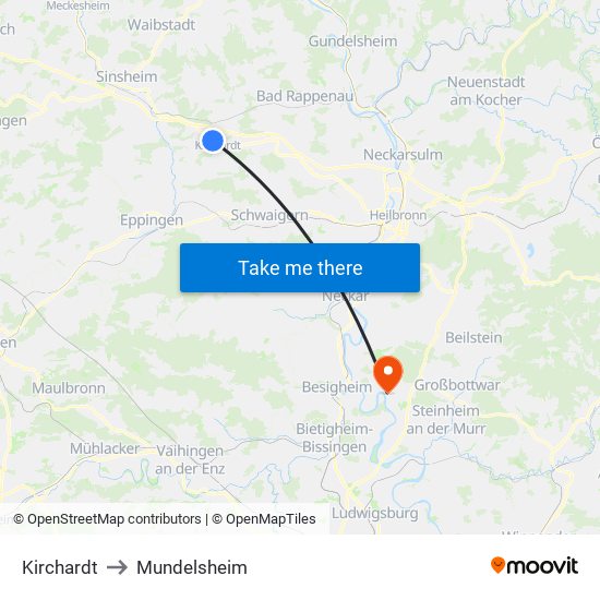 Kirchardt to Mundelsheim map