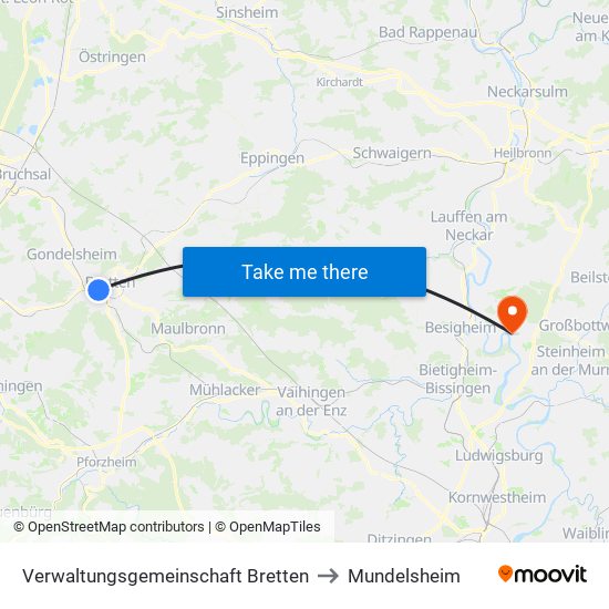 Verwaltungsgemeinschaft Bretten to Mundelsheim map