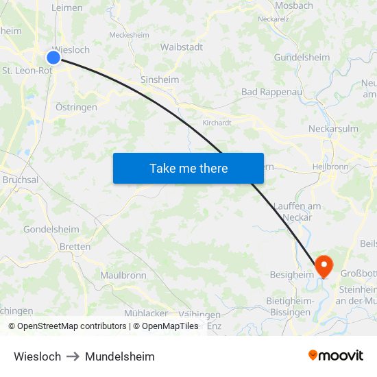 Wiesloch to Mundelsheim map