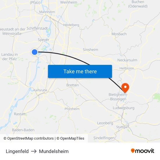 Lingenfeld to Mundelsheim map