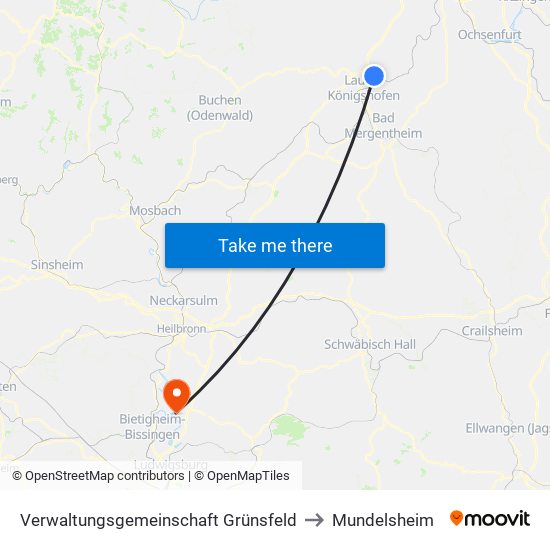 Verwaltungsgemeinschaft Grünsfeld to Mundelsheim map