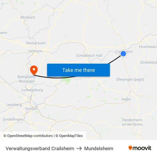 Verwaltungsverband Crailsheim to Mundelsheim map