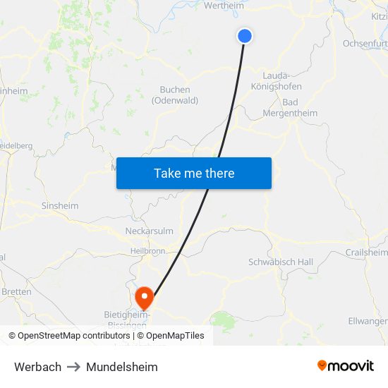 Werbach to Mundelsheim map