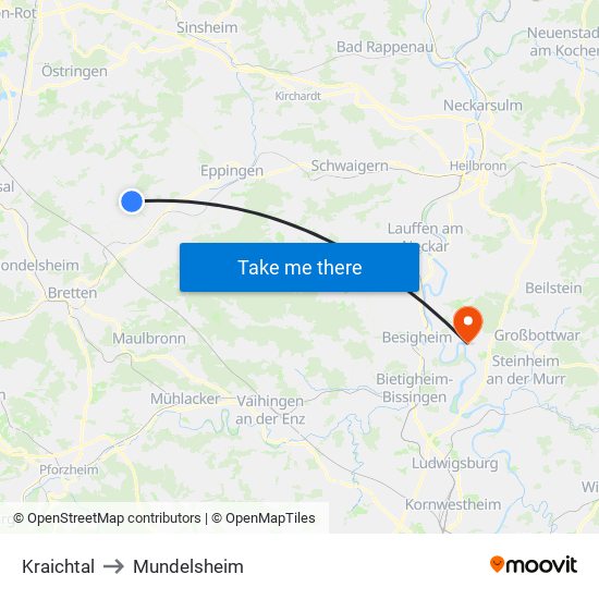 Kraichtal to Mundelsheim map