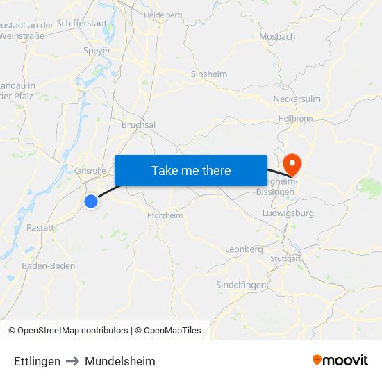 Ettlingen to Mundelsheim map