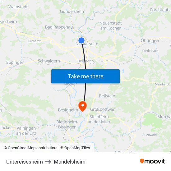 Untereisesheim to Mundelsheim map