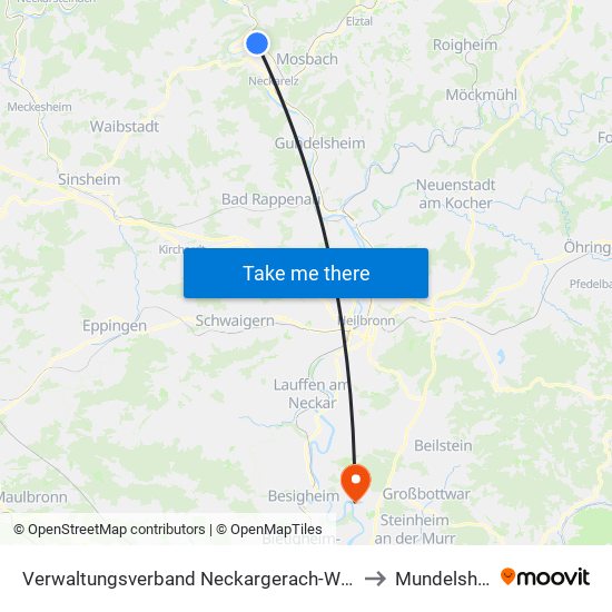Verwaltungsverband Neckargerach-Waldbrunn to Mundelsheim map