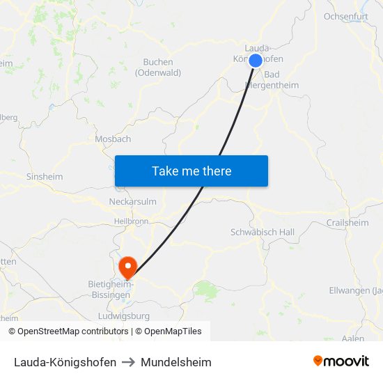 Lauda-Königshofen to Mundelsheim map