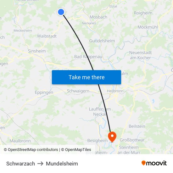 Schwarzach to Mundelsheim map