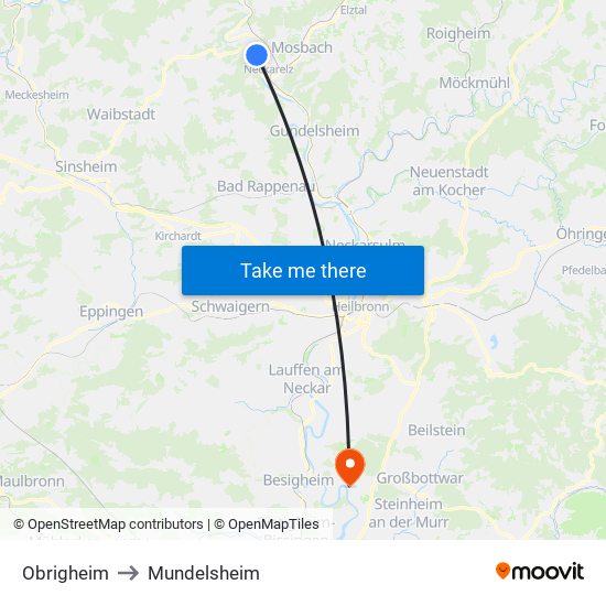 Obrigheim to Mundelsheim map