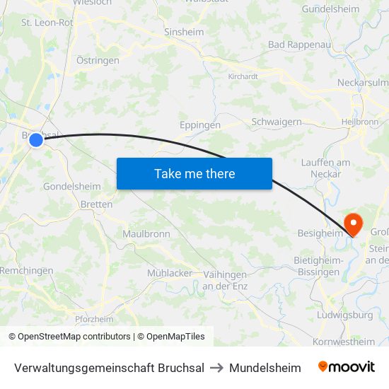 Verwaltungsgemeinschaft Bruchsal to Mundelsheim map