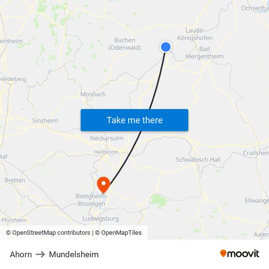 Ahorn to Mundelsheim map