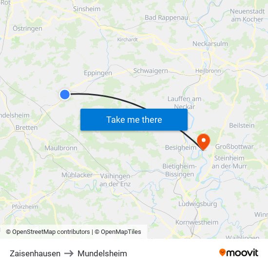 Zaisenhausen to Mundelsheim map