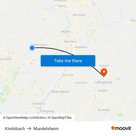 Kindsbach to Mundelsheim map