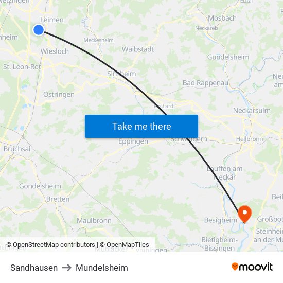 Sandhausen to Mundelsheim map