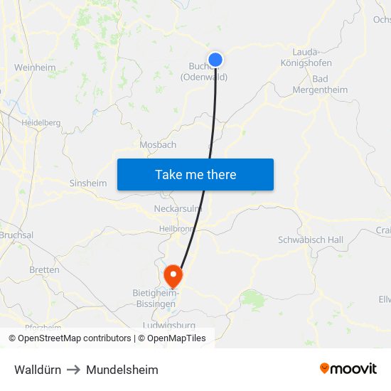 Walldürn to Mundelsheim map